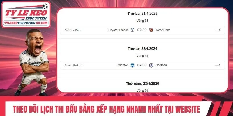 Theo dõi lịch thi đấu bảng xếp hạng nhanh nhất tại website